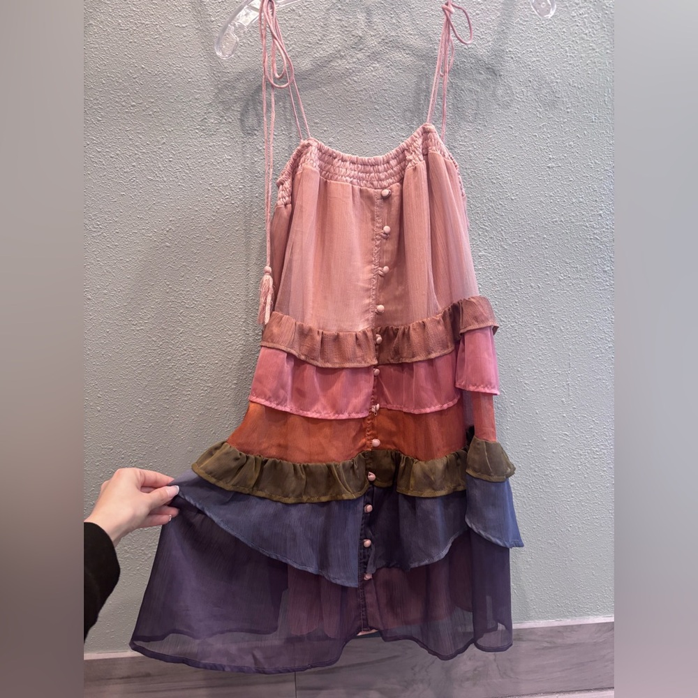 Storia Tiered Ruffle Mini Dress in Pink, Orange, Olive & Purple